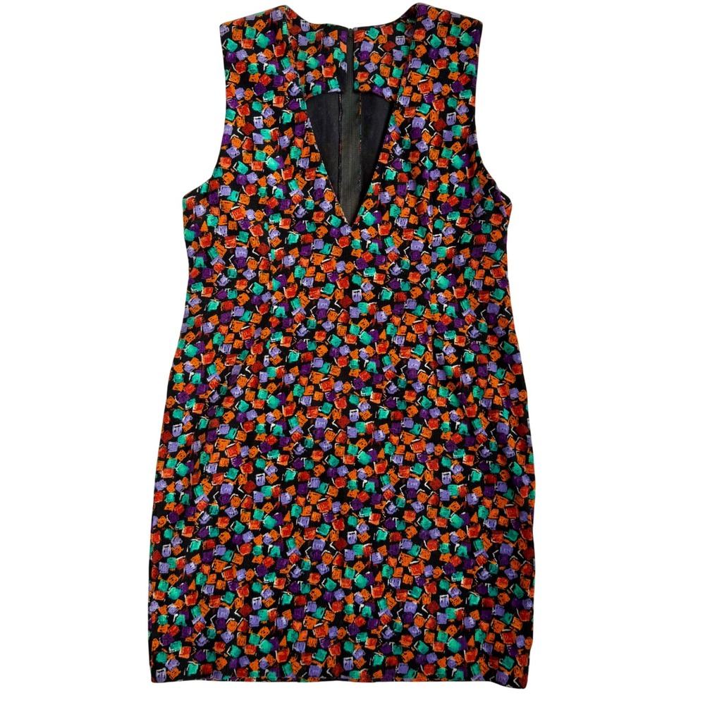 Sleeveless Corduroy Mini Dress Women's 8 Geometric Block Print V-Neck Vintage‎